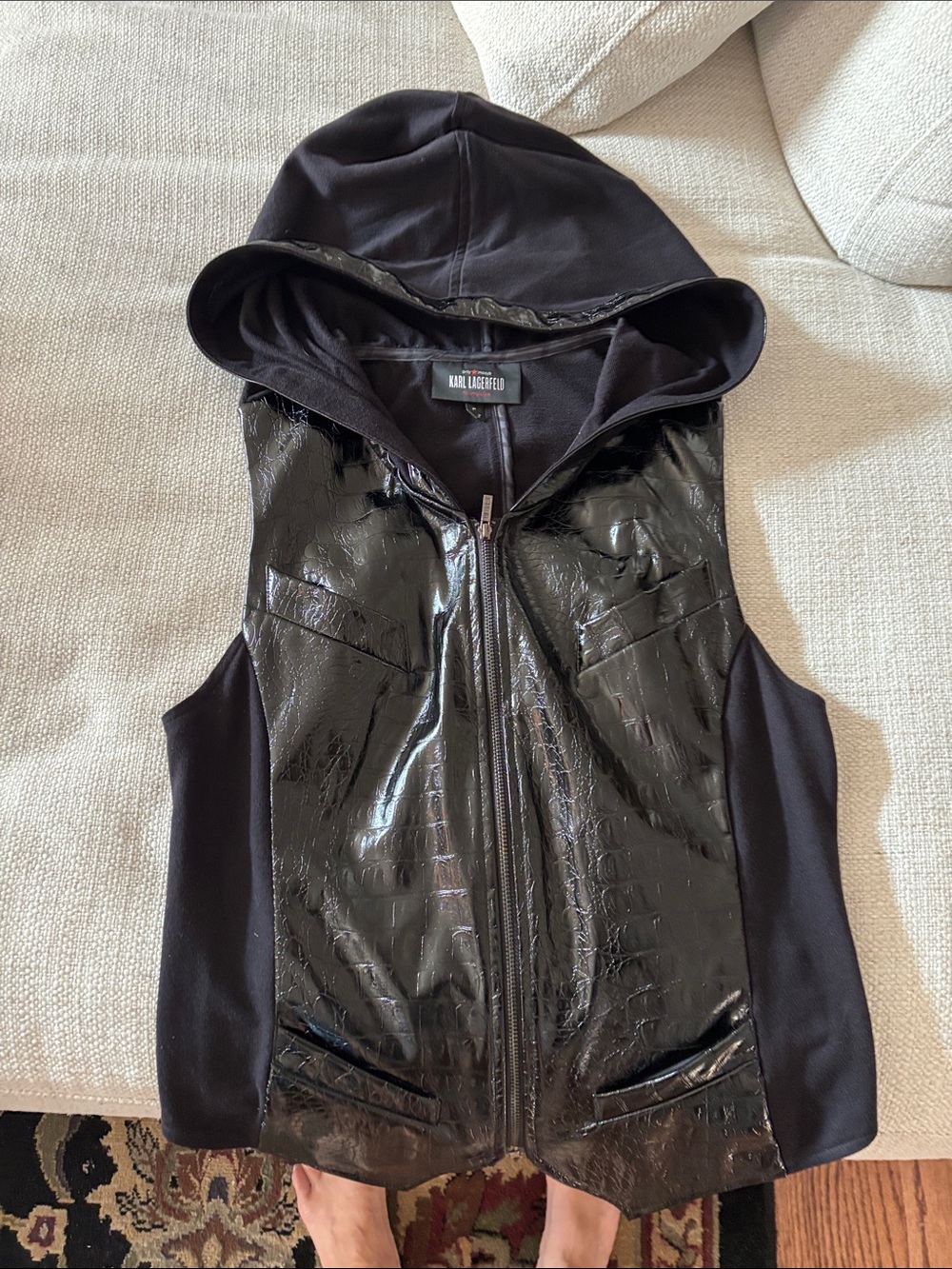 Karl Lagerfeld Black Glossy Faux-Leather Hooded Vest